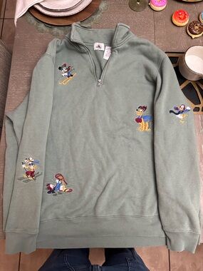 Disney Men's Sage Green Zip-Up Sweater with Embroidered Characters